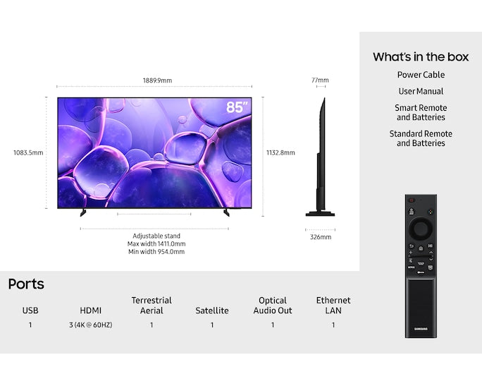 Samsung UE85U8020FKXXU 85" Crystal UHD U8020F 4K Smart TV (2025)